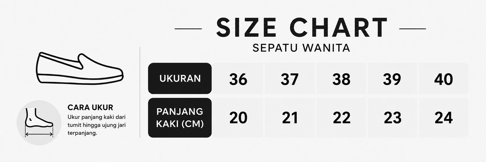 Panduan ukuran Sepatu Formal Wanita Pantofel PG-01 Paskibra